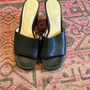 Jessica Simpson Black Leather Slip-On Wedge Sandals – Women’s Size 8/9